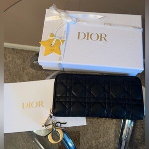 Dior Large Lady Dior Voyageur Black Quilted Lambskin Wallet with Gold Charm